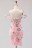 Off the Shoulder Blush Bodycon Sheer Corset Party Dress with Sequins