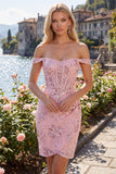 Off the Shoulder Blush Bodycon Sheer Corset Party Dress with Sequins