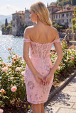 Off the Shoulder Blush Bodycon Sheer Corset Party Dress with Sequins