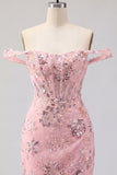 Off the Shoulder Blush Bodycon Sheer Corset Party Dress with Sequins
