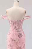 Off the Shoulder Blush Bodycon Sheer Corset Party Dress with Sequins