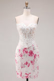 White Floral Sweetheart Bodycon Sheer Corset Cocktail Dress