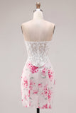 White Floral Sweetheart Bodycon Sheer Corset Cocktail Dress