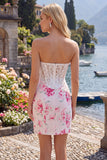 White Floral Sweetheart Bodycon Sheer Corset Cocktail Dress
