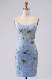 Blue Bodycon Embroidered Floral Sheer Corset Party Dress