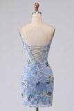 Blue Bodycon Embroidered Floral Sheer Corset Party Dress
