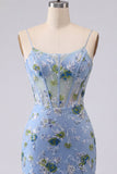 Blue Bodycon Embroidered Floral Sheer Corset Party Dress