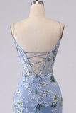Blue Bodycon Embroidered Floral Sheer Corset Party Dress