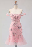 Blush Off the Shoulder Bodycon Floral Corset Sequin Cocktail Dress with Ruffles
