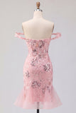 Blush Off the Shoulder Bodycon Floral Corset Sequin Cocktail Dress with Ruffles