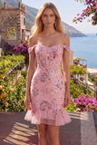 Blush Off the Shoulder Bodycon Floral Corset Sequin Cocktail Dress with Ruffles