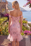 Blush Off the Shoulder Bodycon Floral Corset Sequin Cocktail Dress with Ruffles