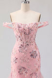 Blush Off the Shoulder Bodycon Floral Corset Sequin Cocktail Dress with Ruffles