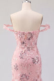 Blush Off the Shoulder Bodycon Floral Corset Sequin Cocktail Dress with Ruffles
