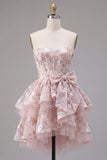 Pink Sweetheart Ruffled A-Line Corset Floral Graduation Dress with Bow