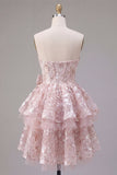 Pink Sweetheart Ruffled A-Line Corset Floral Graduation Dress with Bow