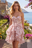 Pink Sweetheart Ruffled A-Line Corset Floral Graduation Dress with Bow
