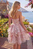 Pink Sweetheart Ruffled A-Line Corset Floral Graduation Dress with Bow