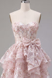 Pink Sweetheart Ruffled A-Line Corset Floral Graduation Dress with Bow