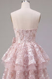 Pink Sweetheart Ruffled A-Line Corset Floral Graduation Dress with Bow