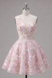 One Shoulder Pink Corset A-Line Floral Graduation Dress