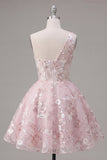 One Shoulder Pink Corset A-Line Floral Graduation Dress