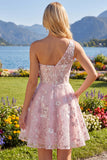 One Shoulder Pink Corset A-Line Floral Graduation Dress
