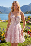 One Shoulder Pink Corset A-Line Floral Graduation Dress