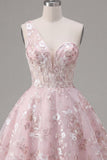 One Shoulder Pink Corset A-Line Floral Graduation Dress
