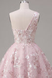 One Shoulder Pink Corset A-Line Floral Graduation Dress