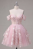 Off the Shoulder Pink A-Line Sheer Corset Floral Graduation Dress