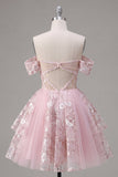 Off the Shoulder Pink A-Line Sheer Corset Floral Graduation Dress