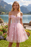Off the Shoulder Pink A-Line Sheer Corset Floral Graduation Dress