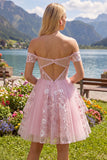 Off the Shoulder Pink A-Line Sheer Corset Floral Graduation Dress