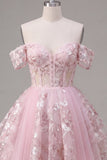 Off the Shoulder Pink A-Line Sheer Corset Floral Graduation Dress