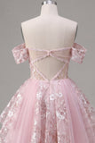 Off the Shoulder Pink A-Line Sheer Corset Floral Graduation Dress