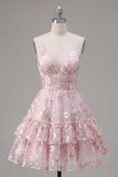 Pink Floral A-Line Spaghetti Straps Graduation Dress with Ruffles