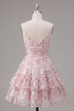 Pink Floral A-Line Spaghetti Straps Graduation Dress with Ruffles