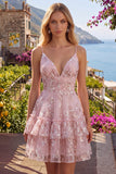 Pink Floral A-Line Spaghetti Straps Graduation Dress with Ruffles