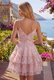 Pink Floral A-Line Spaghetti Straps Graduation Dress with Ruffles