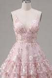 Pink Floral A-Line Spaghetti Straps Graduation Dress with Ruffles