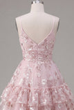 Pink Floral A-Line Spaghetti Straps Graduation Dress with Ruffles