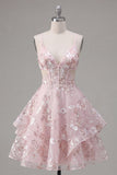 Pink Floral A-Line Corset Ruffled Spaghetti Straps Graduation Dress