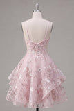 Pink Floral A-Line Corset Ruffled Spaghetti Straps Graduation Dress