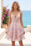 Pink Floral A-Line Corset Ruffled Spaghetti Straps Graduation Dress