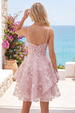 Pink Floral A-Line Corset Ruffled Spaghetti Straps Graduation Dress