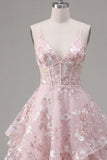 Pink Floral A-Line Corset Ruffled Spaghetti Straps Graduation Dress