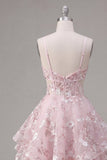 Pink Floral A-Line Corset Ruffled Spaghetti Straps Graduation Dress