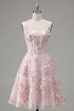 Pink Floral A-Line Sheer Corset Square Neck Graduation Dress