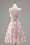 Pink Floral A-Line Sheer Corset Square Neck Graduation Dress